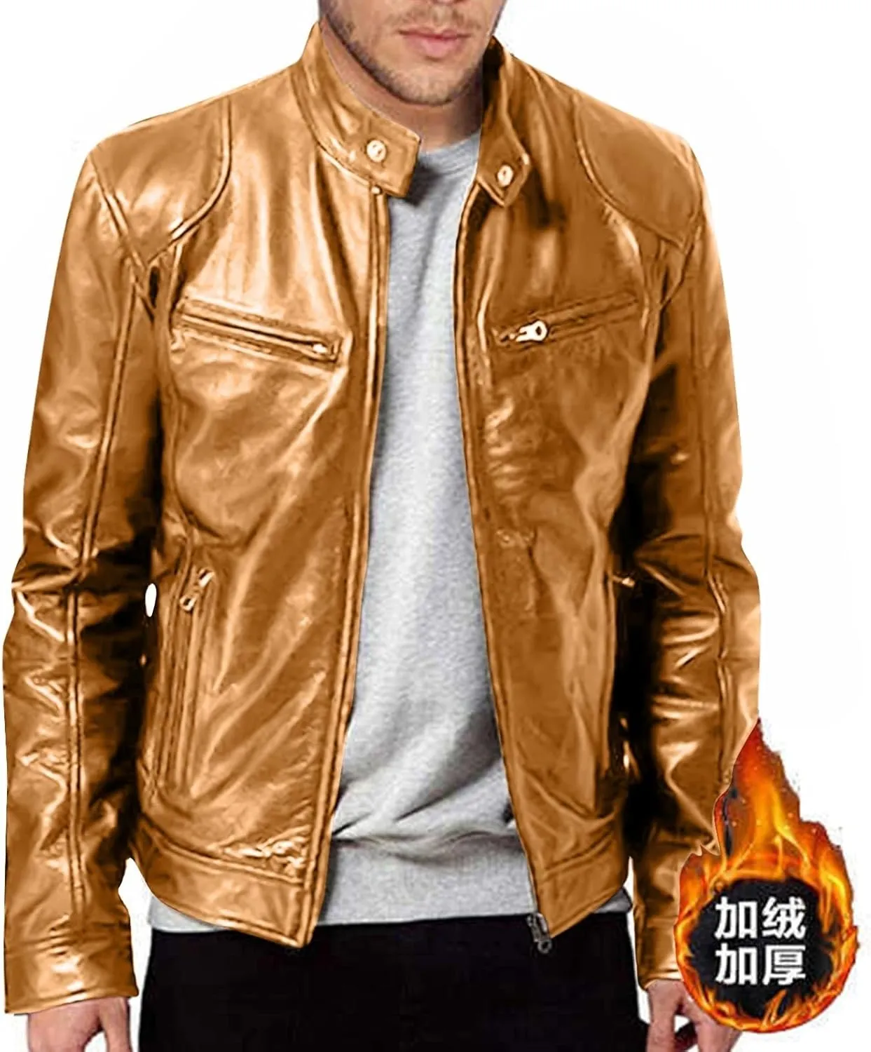 Dgoopd Mens Leather Jacket Stand Collar Moto Jacket Zip up Biker Jacket Vintage Motorcycle Jacket Casual Faux Leather Jacket