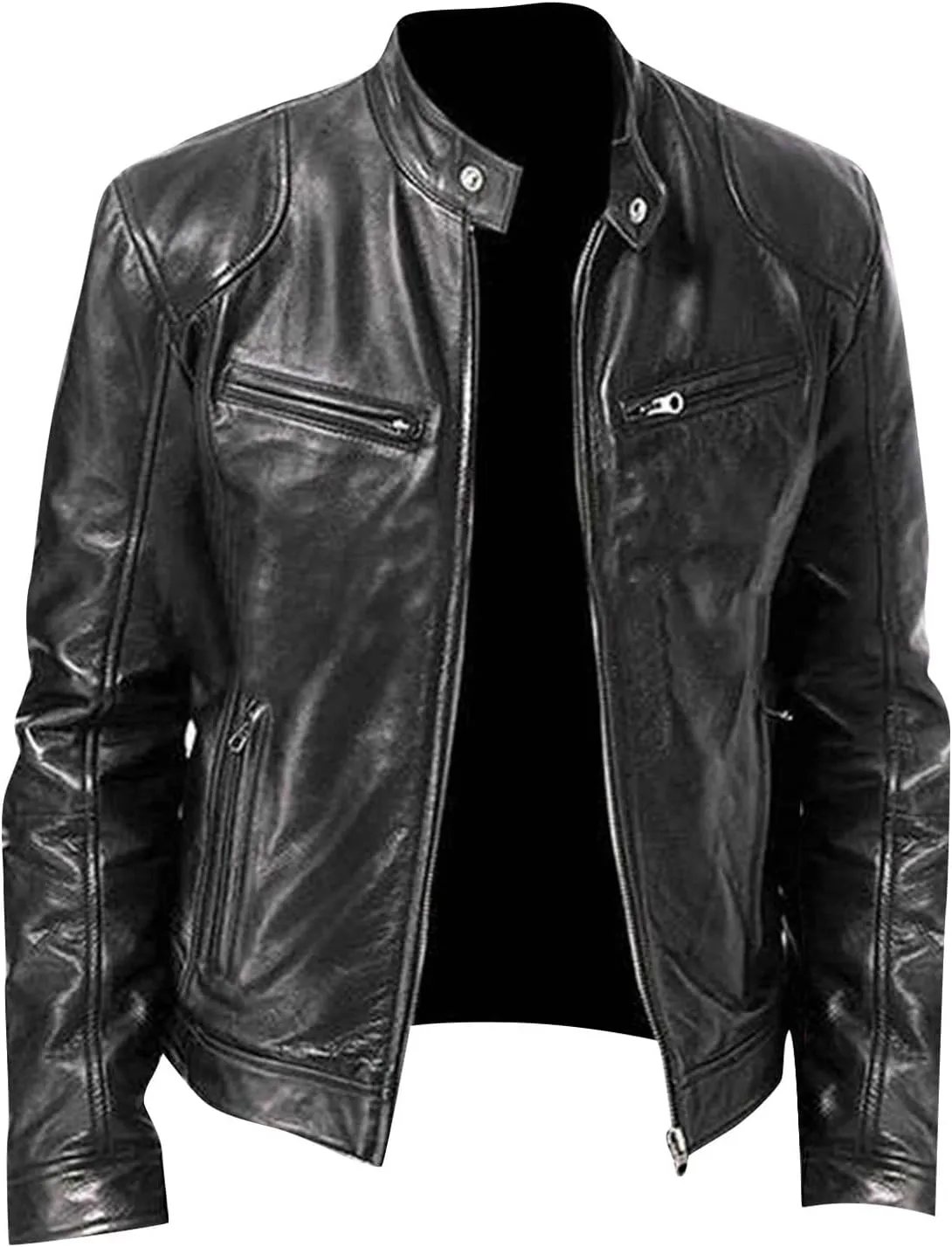 Dgoopd Mens Leather Jacket Stand Collar Moto Jacket Zip up Biker Jacket Vintage Motorcycle Jacket Casual Faux Leather Jacket