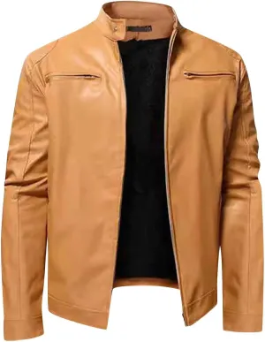 Dgoopd Mens Leather Jacket Stand Collar Moto Jacket Zip up Biker Jacket Vintage Motorcycle Jacket Casual Faux Leather Jacket