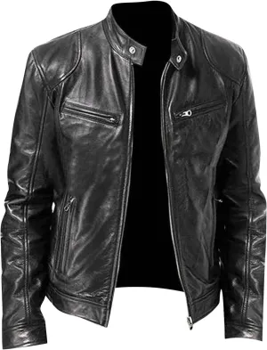 Dgoopd Mens Leather Jacket Stand Collar Moto Jacket Zip up Biker Jacket Vintage Motorcycle Jacket Casual Faux Leather Jacket