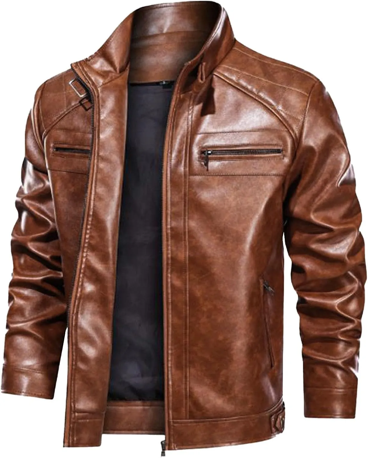 Dgoopd Men's Leather Jacket Stand Collar Moto Jacket Zip up Biker Jacket Waterproof Motorcycle Jacket Faux Leather Jacket