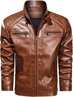 Dgoopd Men's Leather Jacket Stand Collar Moto Jacket Zip up Biker Jacket Waterproof Motorcycle Jacket Faux Leather Jacket