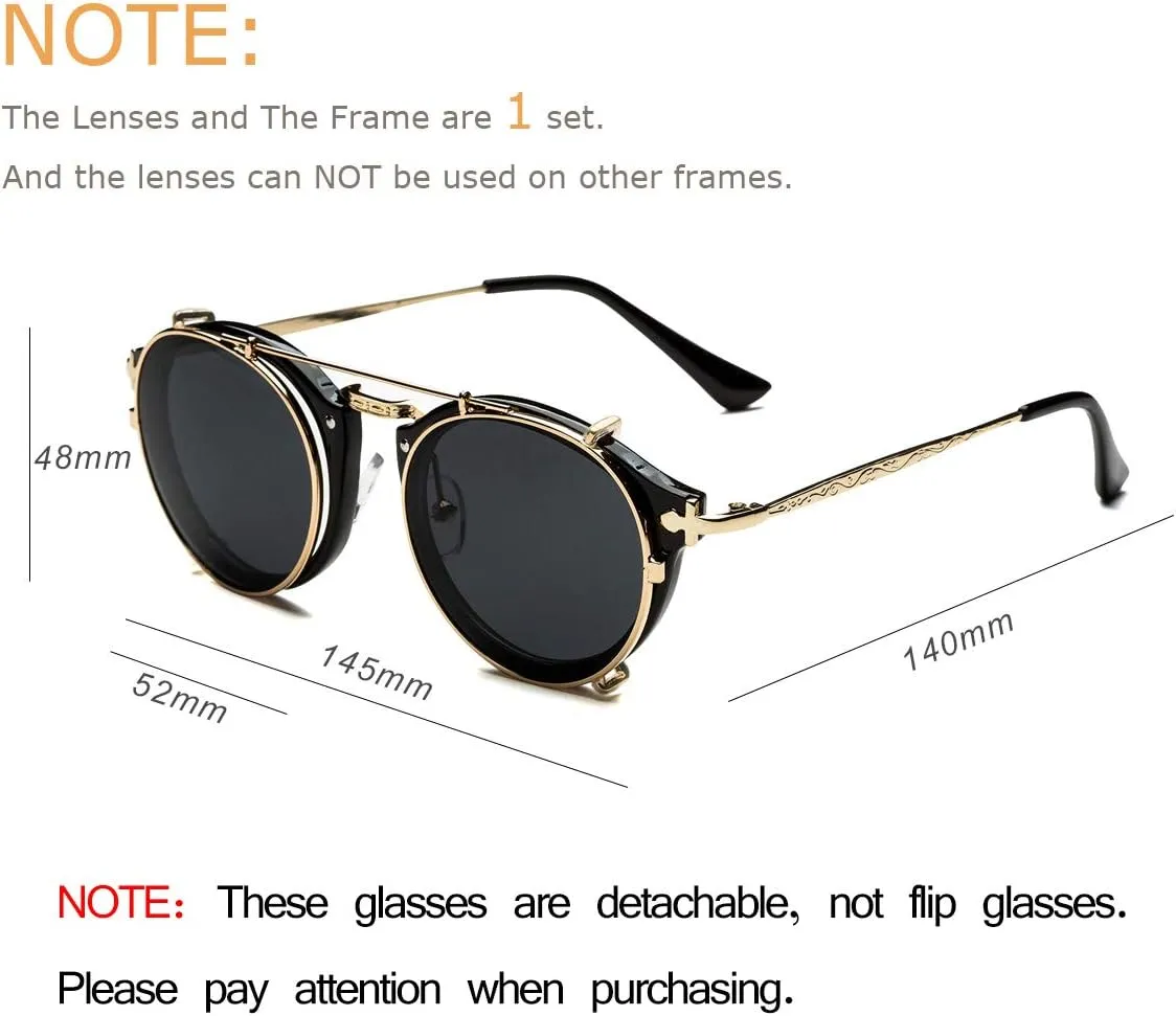 Dollger Double Lens Clip On Sunglasses Non-flip Lens Round Steampunk Style Glasses for Men Women