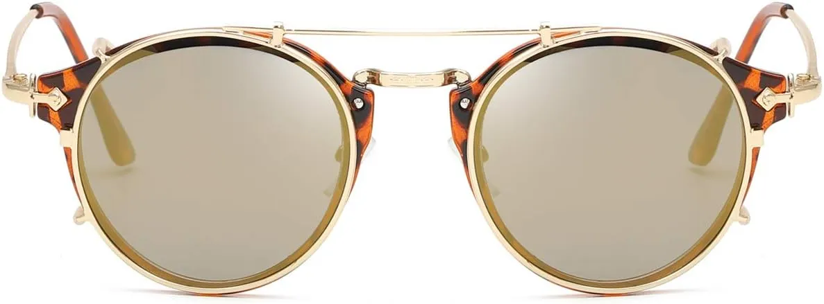 Dollger Double Lens Clip On Sunglasses Non-flip Lens Round Steampunk Style Glasses for Men Women