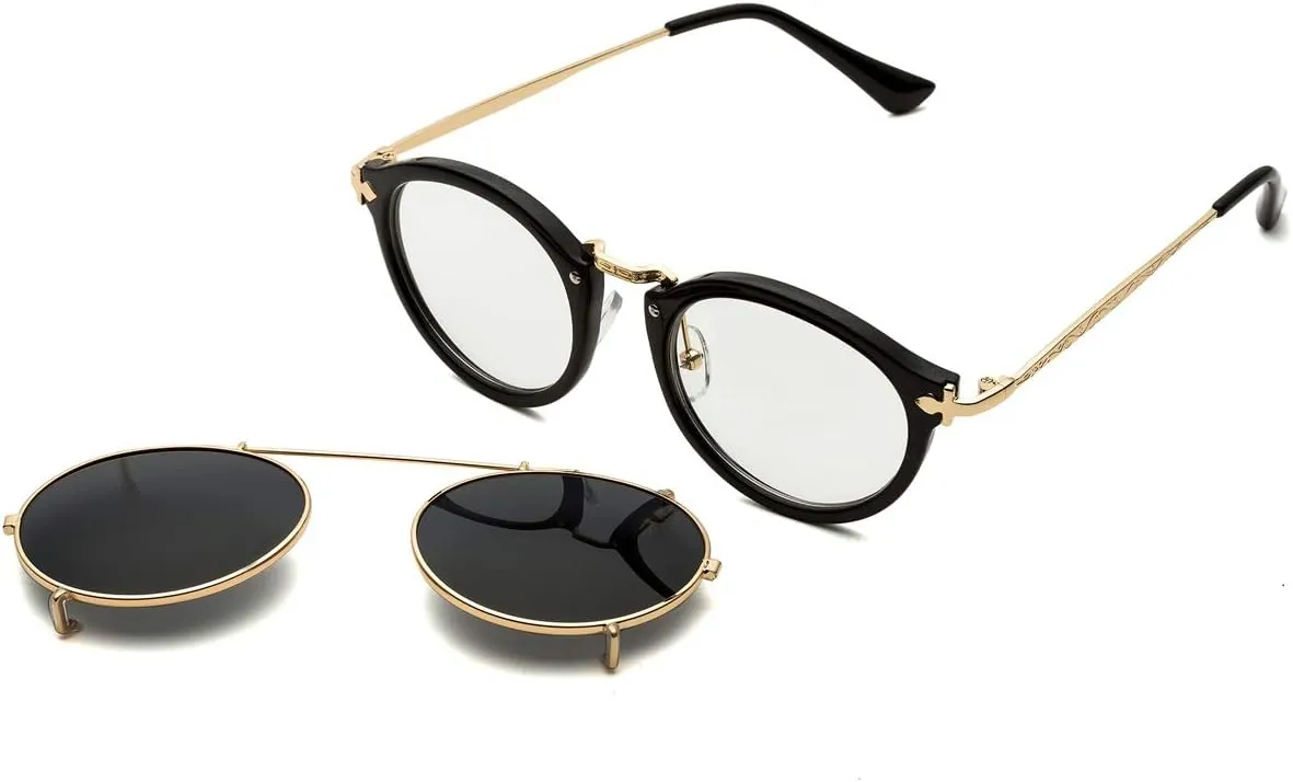 Dollger Double Lens Clip On Sunglasses Non-flip Lens Round Steampunk Style Glasses for Men Women