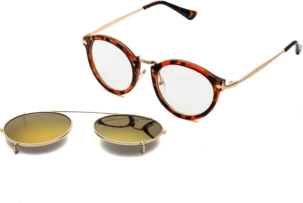 Dollger Double Lens Clip On Sunglasses Non-flip Lens Round Steampunk Style Glasses for Men Women