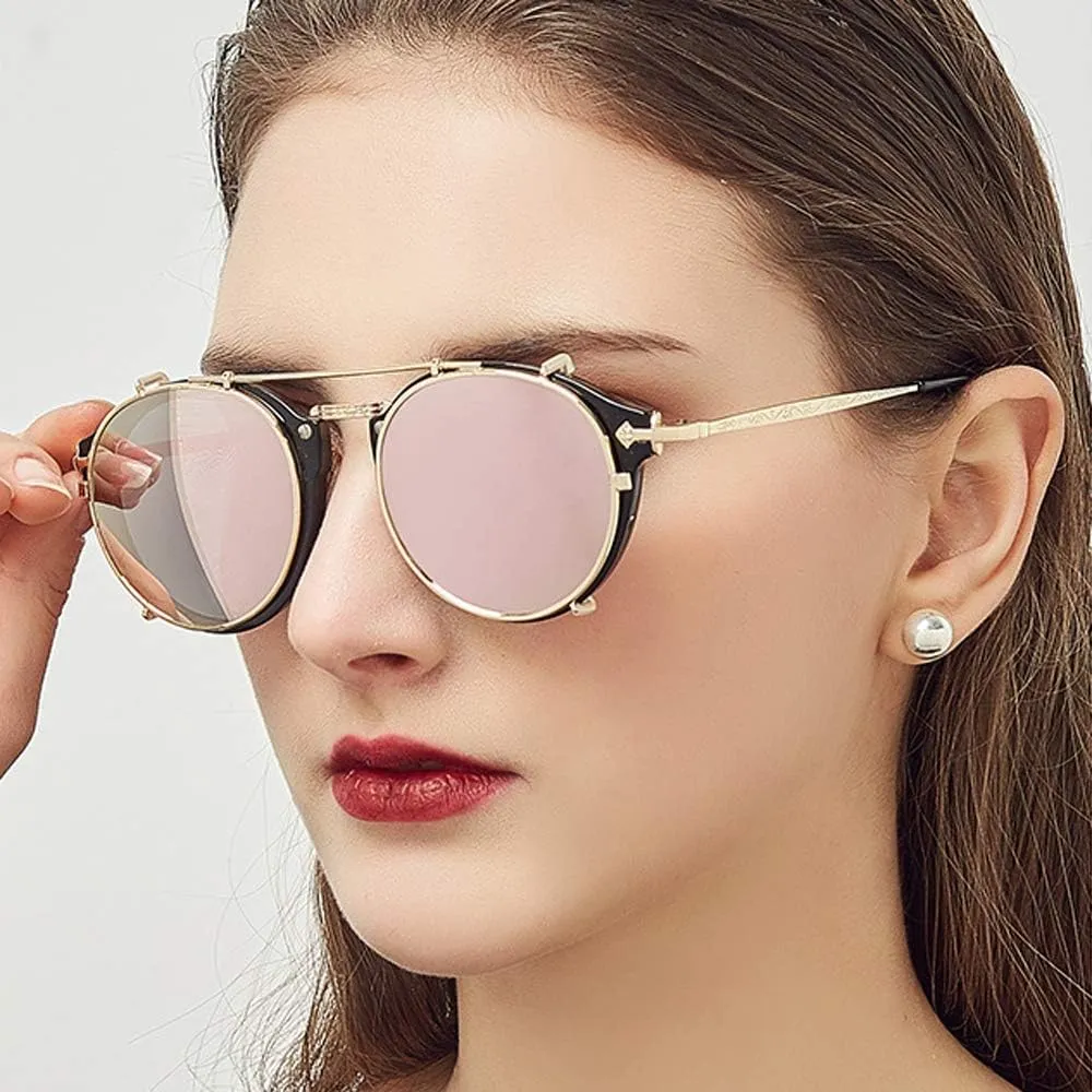 Dollger Double Lens Clip On Sunglasses Non-flip Lens Round Steampunk Style Glasses for Men Women