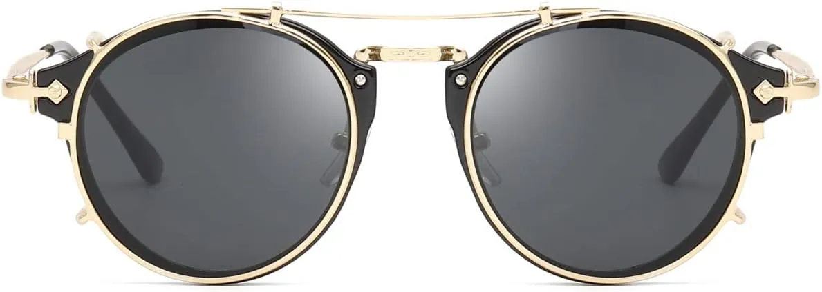 Dollger Double Lens Clip On Sunglasses Non-flip Lens Round Steampunk Style Glasses for Men Women