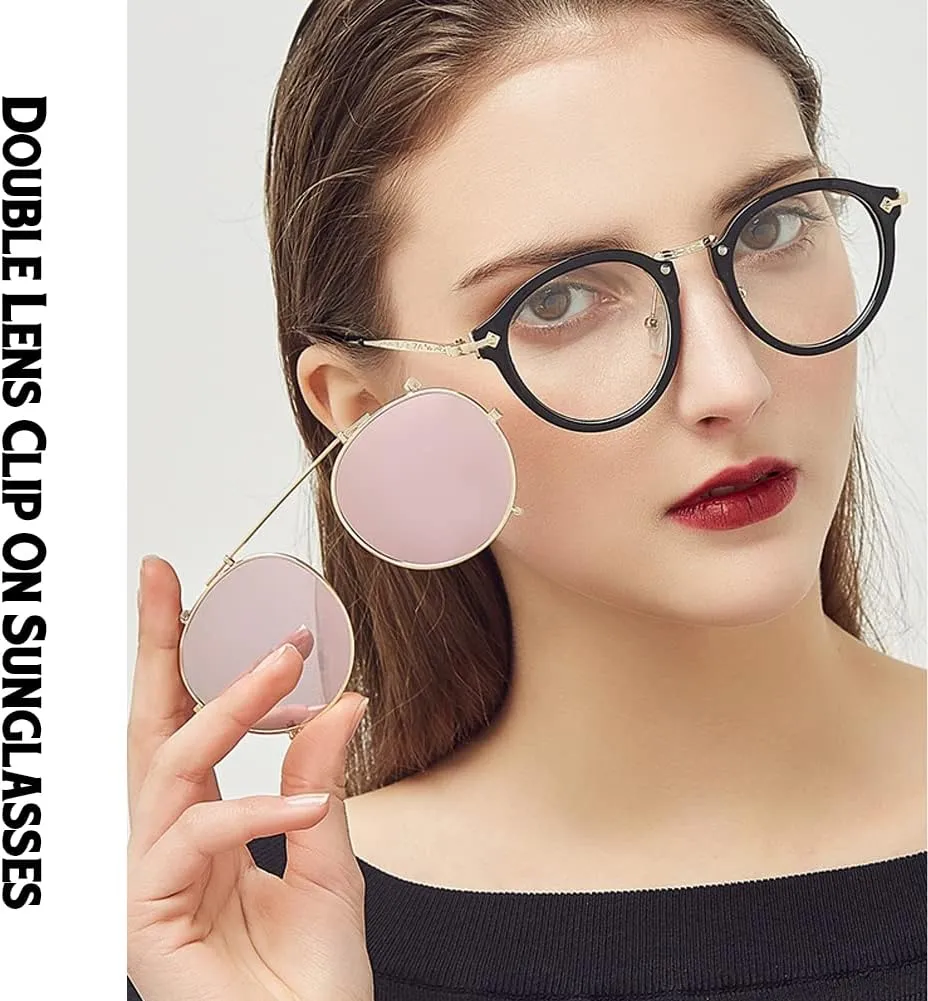 Dollger Double Lens Clip On Sunglasses Non-flip Lens Round Steampunk Style Glasses for Men Women