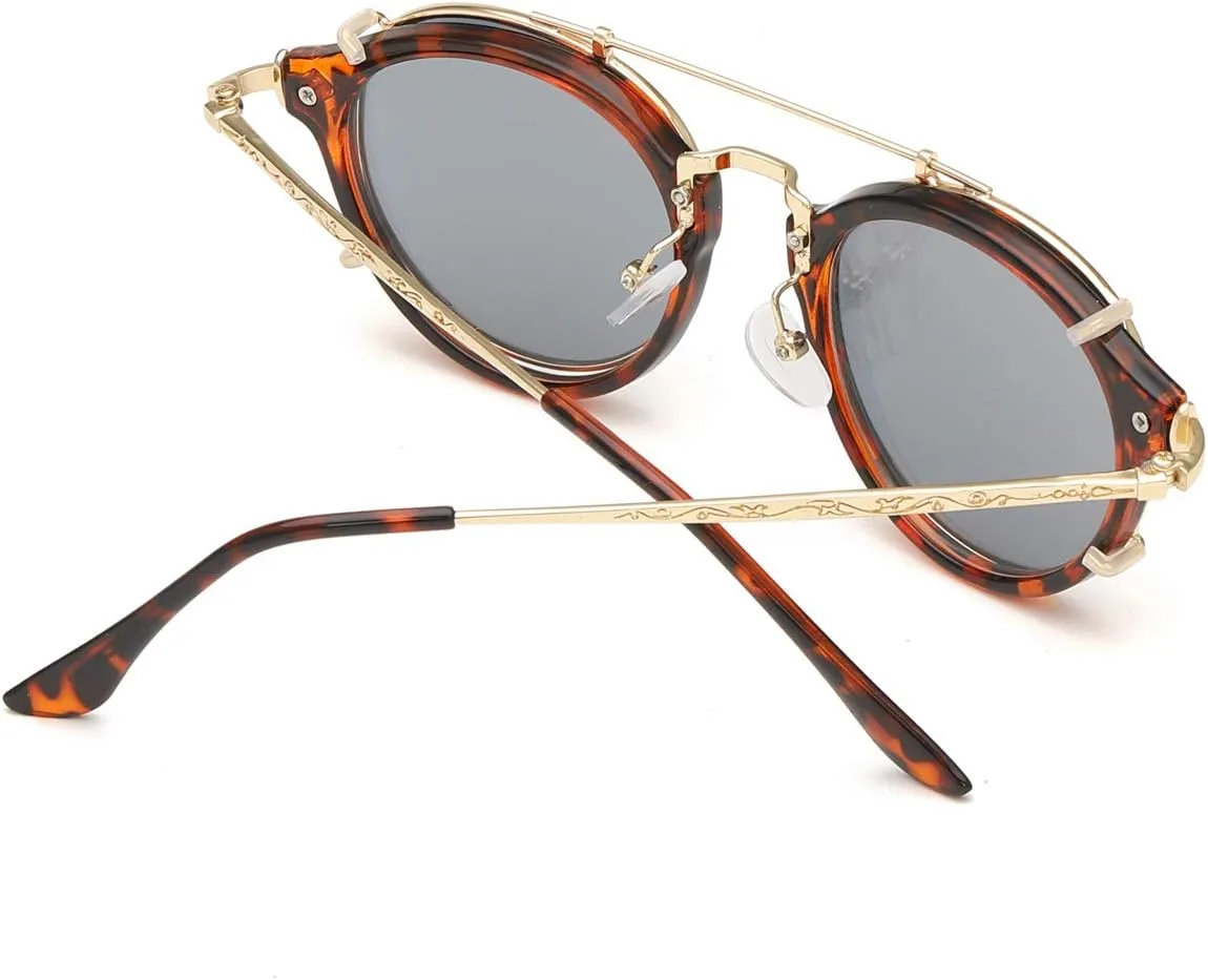 Dollger Double Lens Clip On Sunglasses Non-flip Lens Round Steampunk Style Glasses for Men Women