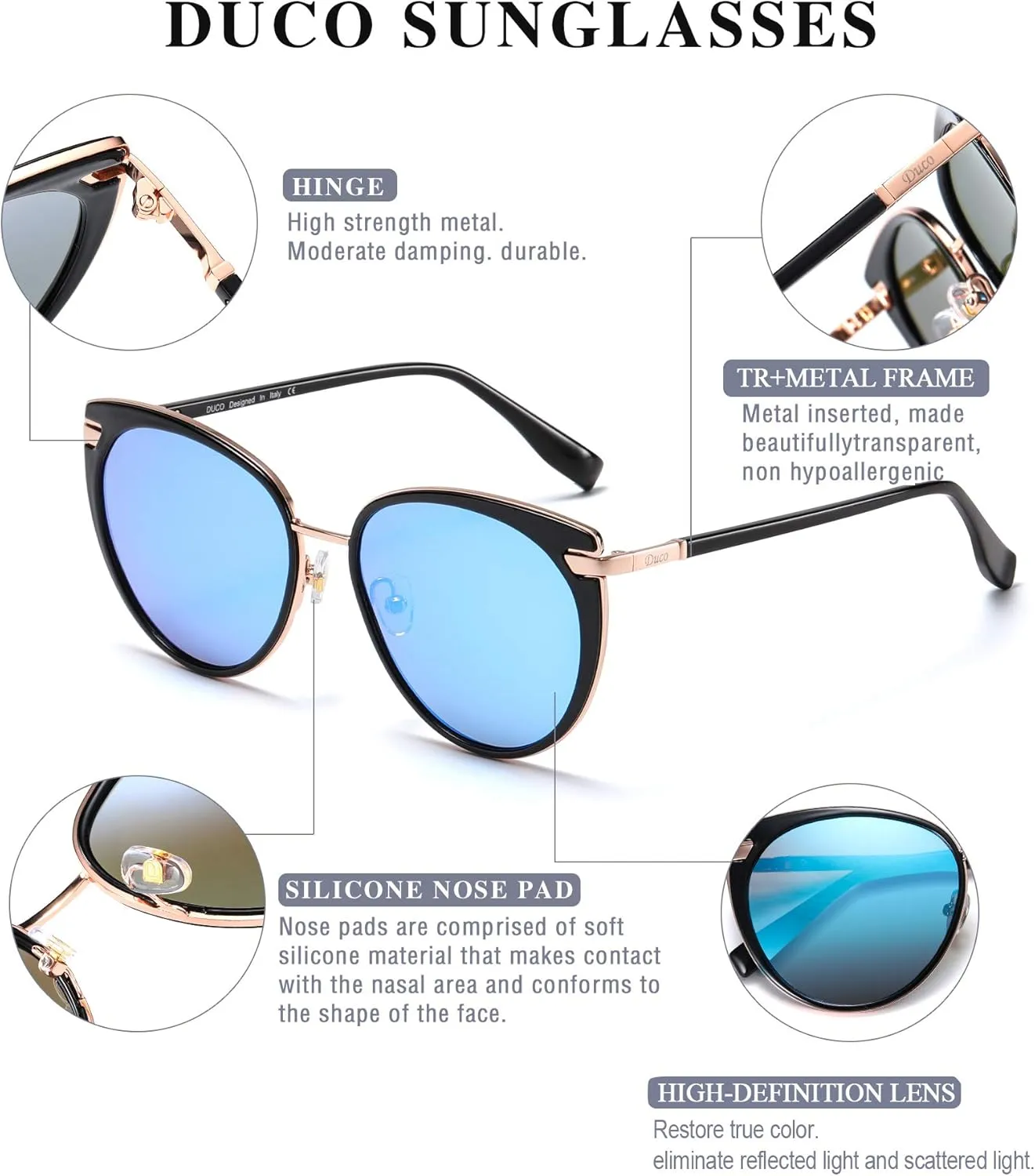 DUCO Cat Eye Sunglasses for Women Retro Polarized Womens Sun Glasses 90s Vintage Shades UV Protection DC1222
