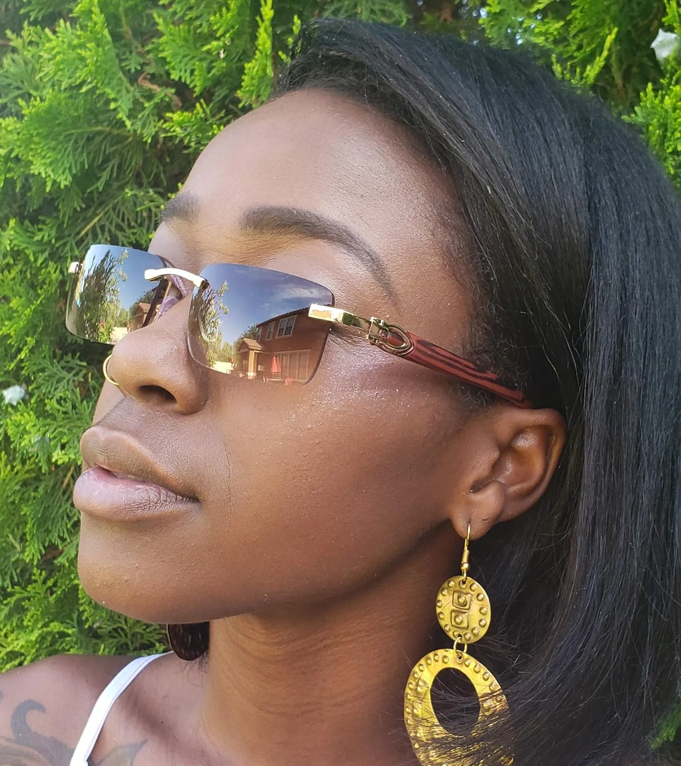 Elite Slim Rimless Rectangular Metal & Wood Art Aviator Sunglasses
