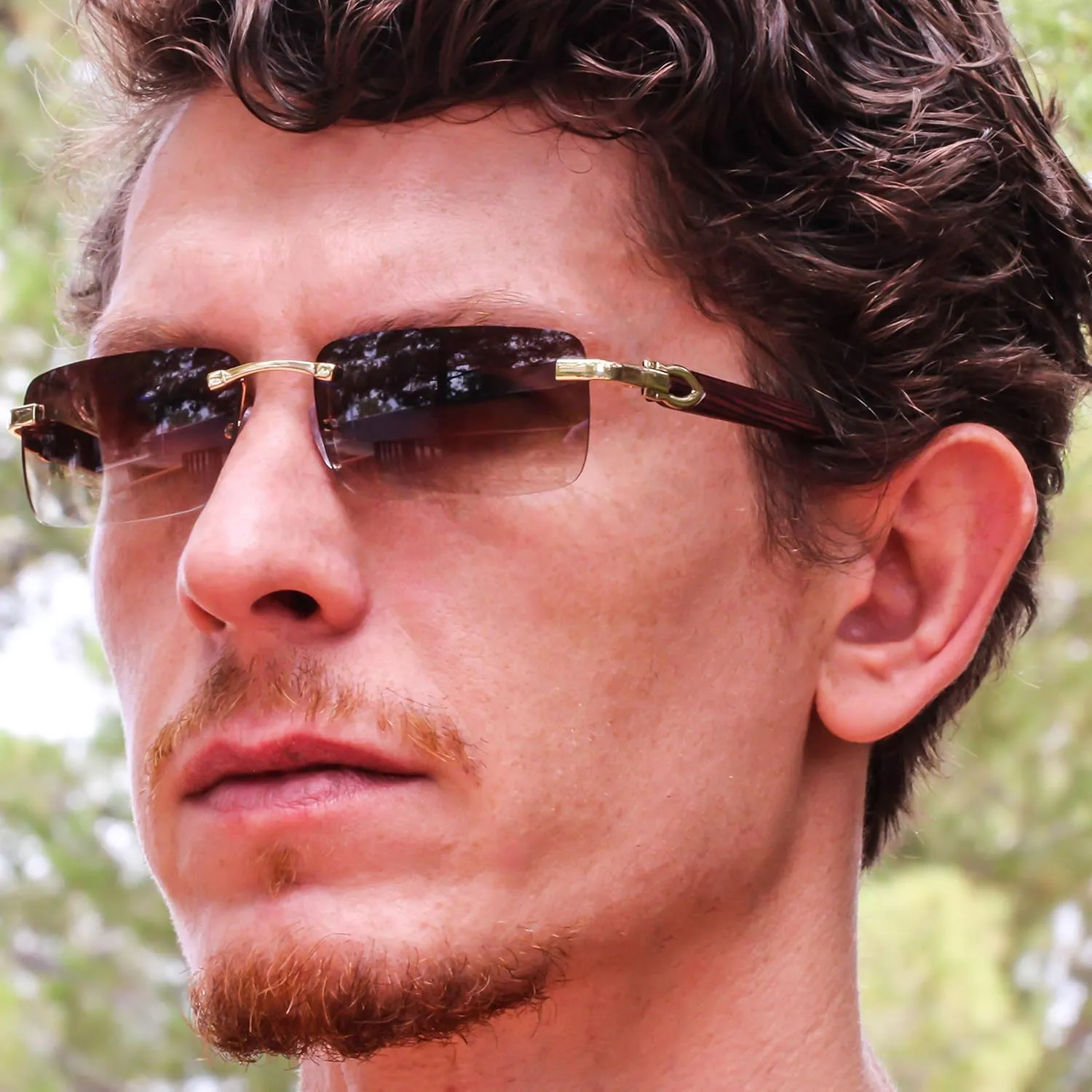 Elite Slim Rimless Rectangular Metal & Wood Art Aviator Sunglasses