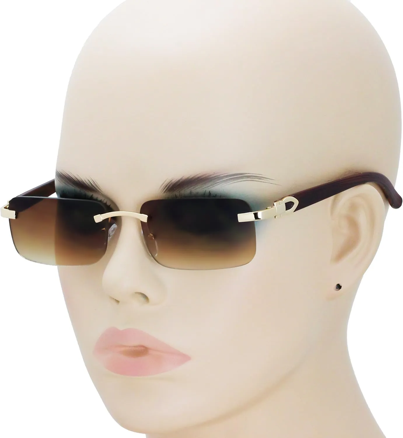 Elite Slim Rimless Rectangular Metal & Wood Art Aviator Sunglasses