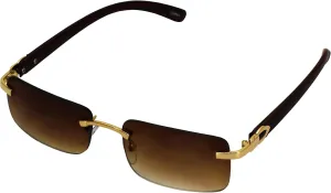 Elite Slim Rimless Rectangular Metal & Wood Art Aviator Sunglasses