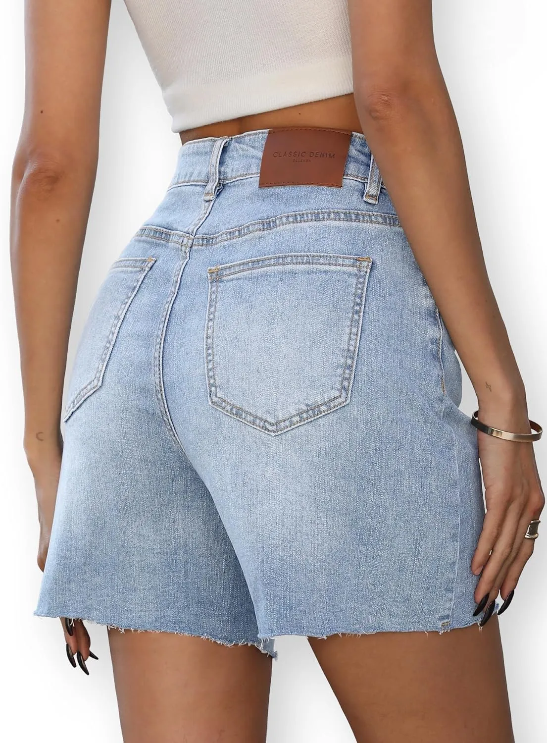 ELLEVEN Women's Raw Hem Jean Shorts, Wide Straight Leg Mom Denim Shorts