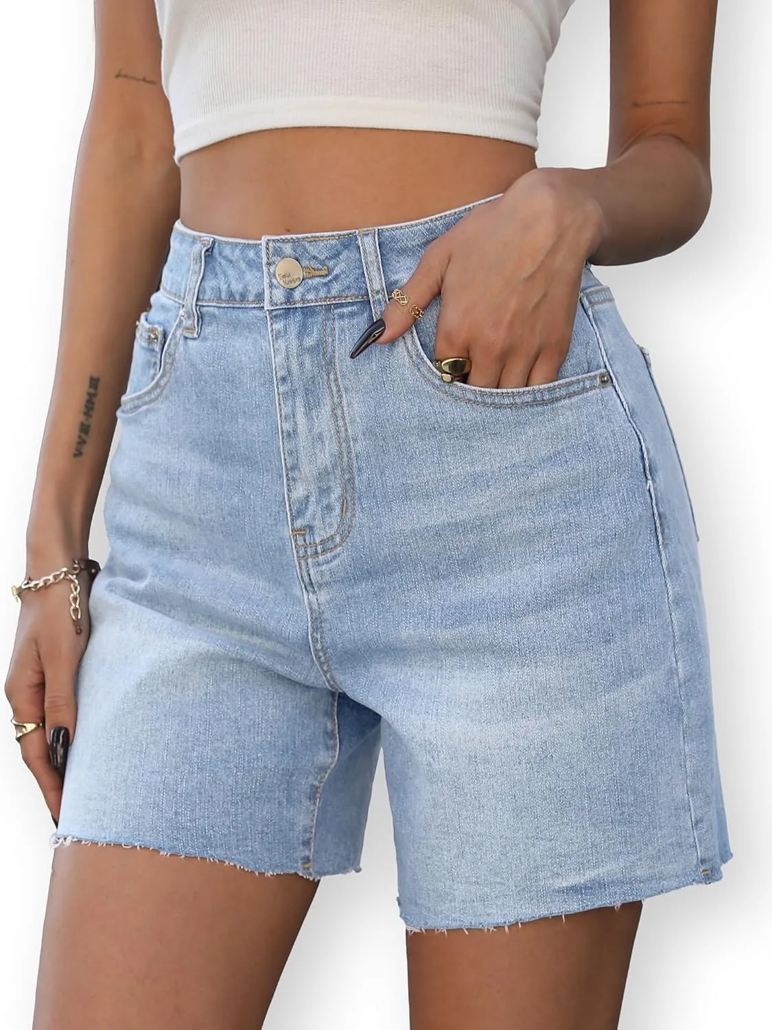 ELLEVEN Women's Raw Hem Jean Shorts, Wide Straight Leg Mom Denim Shorts
