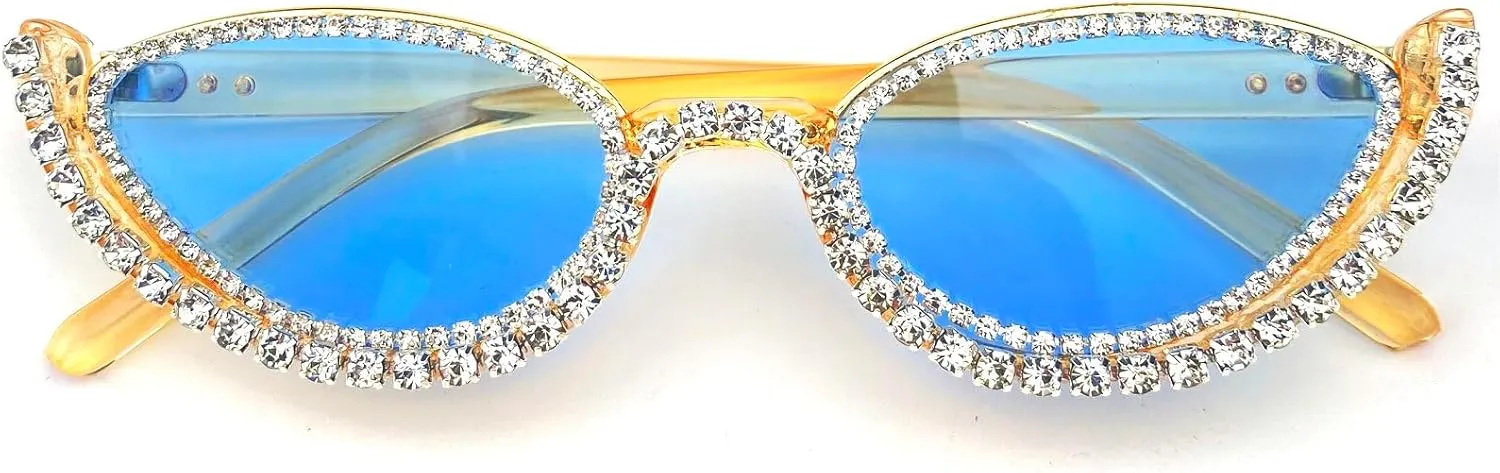 Fashion bling Rhinestone Cat Eye Sunglasses for Women Retro Narrow Cat-eye Diamond Sun Glasses Vintage Style Tinted Lens