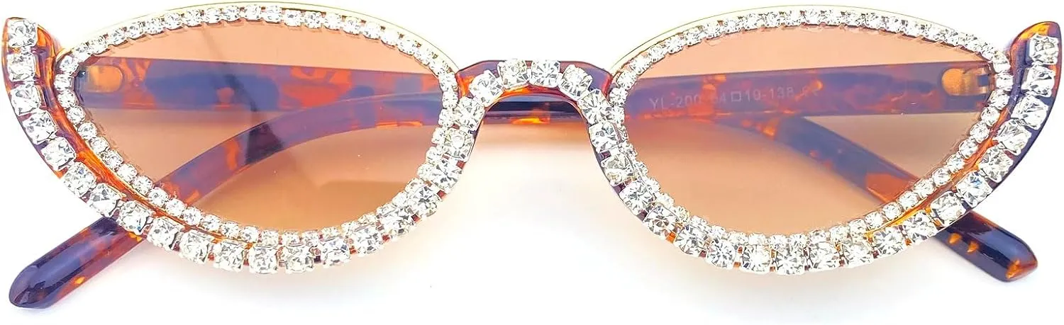 Fashion bling Rhinestone Cat Eye Sunglasses for Women Retro Narrow Cat-eye Diamond Sun Glasses Vintage Style Tinted Lens