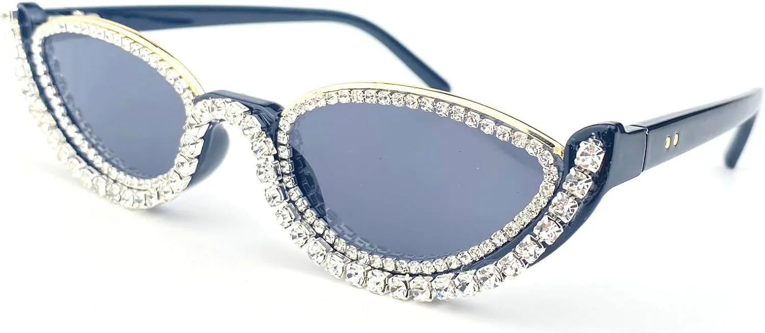 Fashion bling Rhinestone Cat Eye Sunglasses for Women Retro Narrow Cat-eye Diamond Sun Glasses Vintage Style Tinted Lens