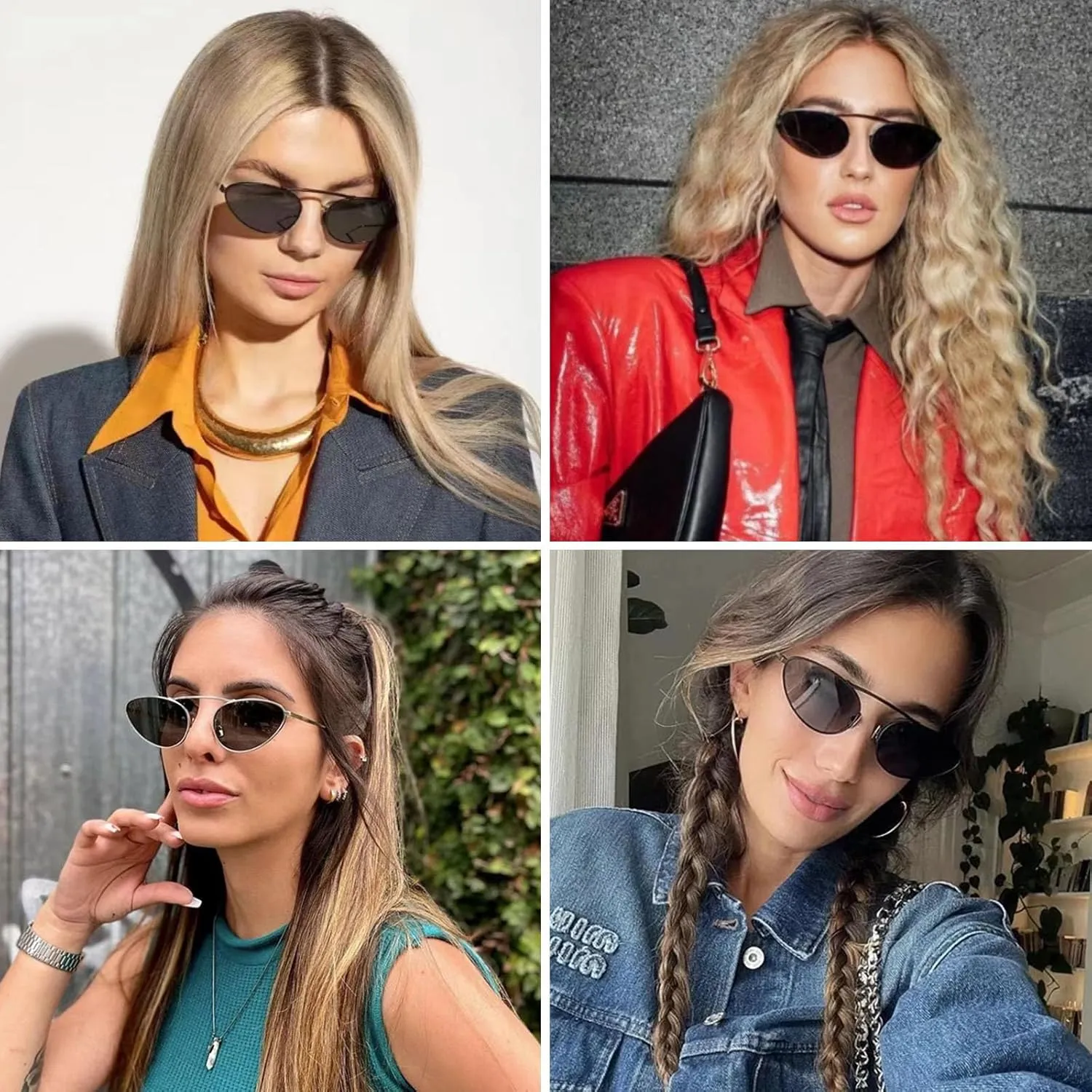 Fashion Retro Narrow Cat Eye Sunglasses for Women Trendy Fun Small Metal Frame Sunnies UV400 Protection Glasses
