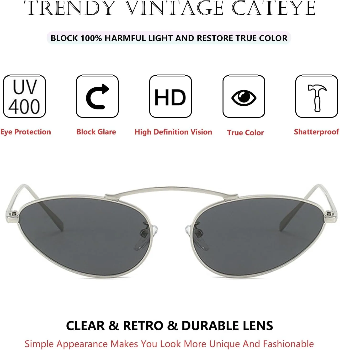 Fashion Retro Narrow Cat Eye Sunglasses for Women Trendy Fun Small Metal Frame Sunnies UV400 Protection Glasses