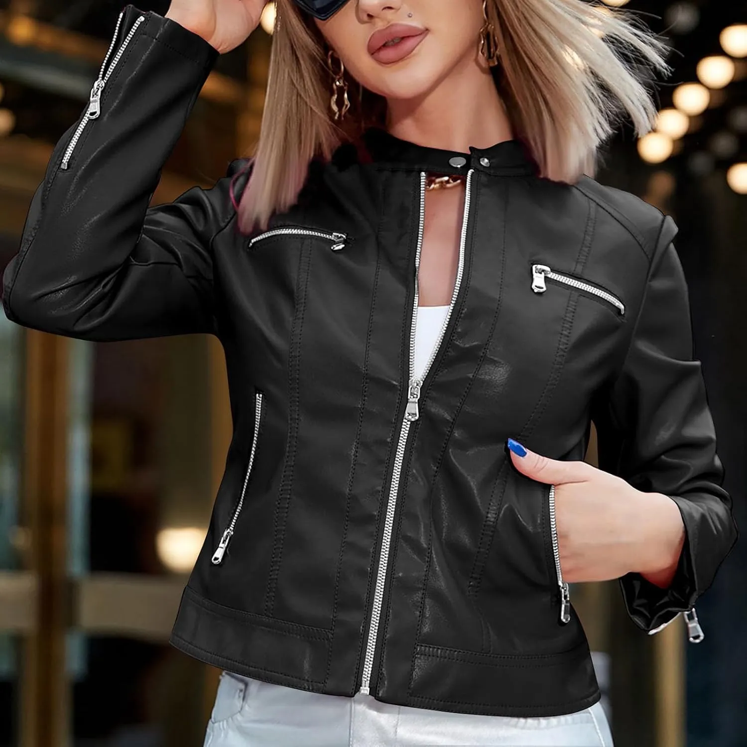 Faux Leather Jacket for Women 2024 Fall Lightweight Lapel Full Zip Moto Biker Coat Loose Long Sleeve Clothes