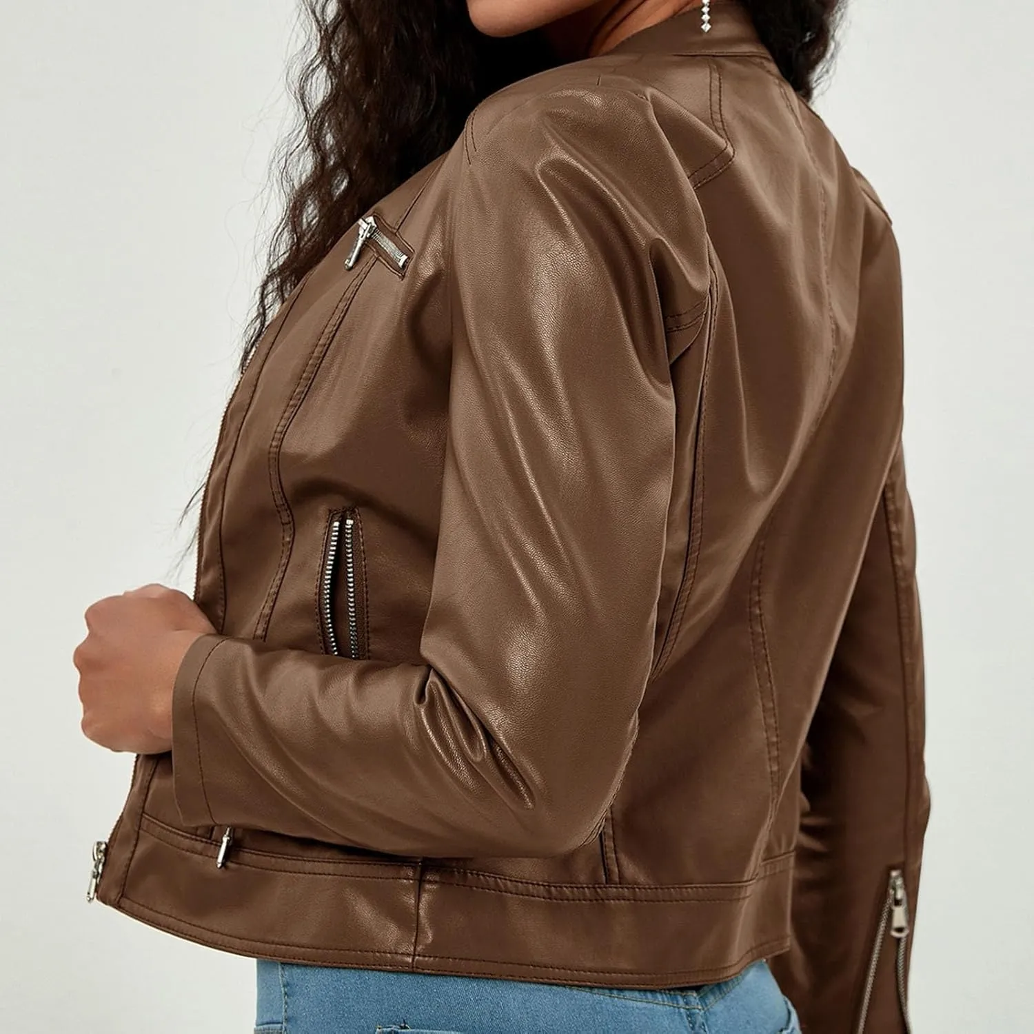 Faux Leather Jacket for Women 2024 Fall Lightweight Lapel Full Zip Moto Biker Coat Loose Long Sleeve Clothes
