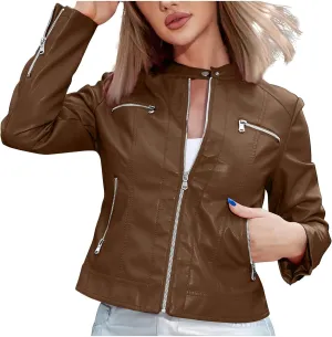 Faux Leather Jacket for Women 2024 Fall Lightweight Lapel Full Zip Moto Biker Coat Loose Long Sleeve Clothes