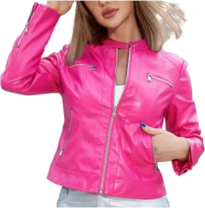 Faux Leather Jacket for Women 2024 Fall Lightweight Lapel Full Zip Moto Biker Coat Loose Long Sleeve Clothes