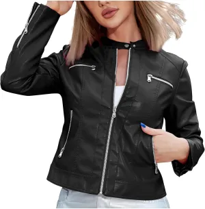 Faux Leather Jacket for Women 2024 Fall Lightweight Lapel Full Zip Moto Biker Coat Loose Long Sleeve Clothes