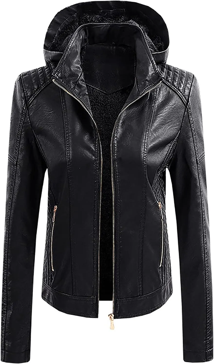 Faux Leather Jacket for Women Hooded Moto Biker Jackets Full Zip Up Pleated Overcoat Long Sleeve Faux-Leather Coat