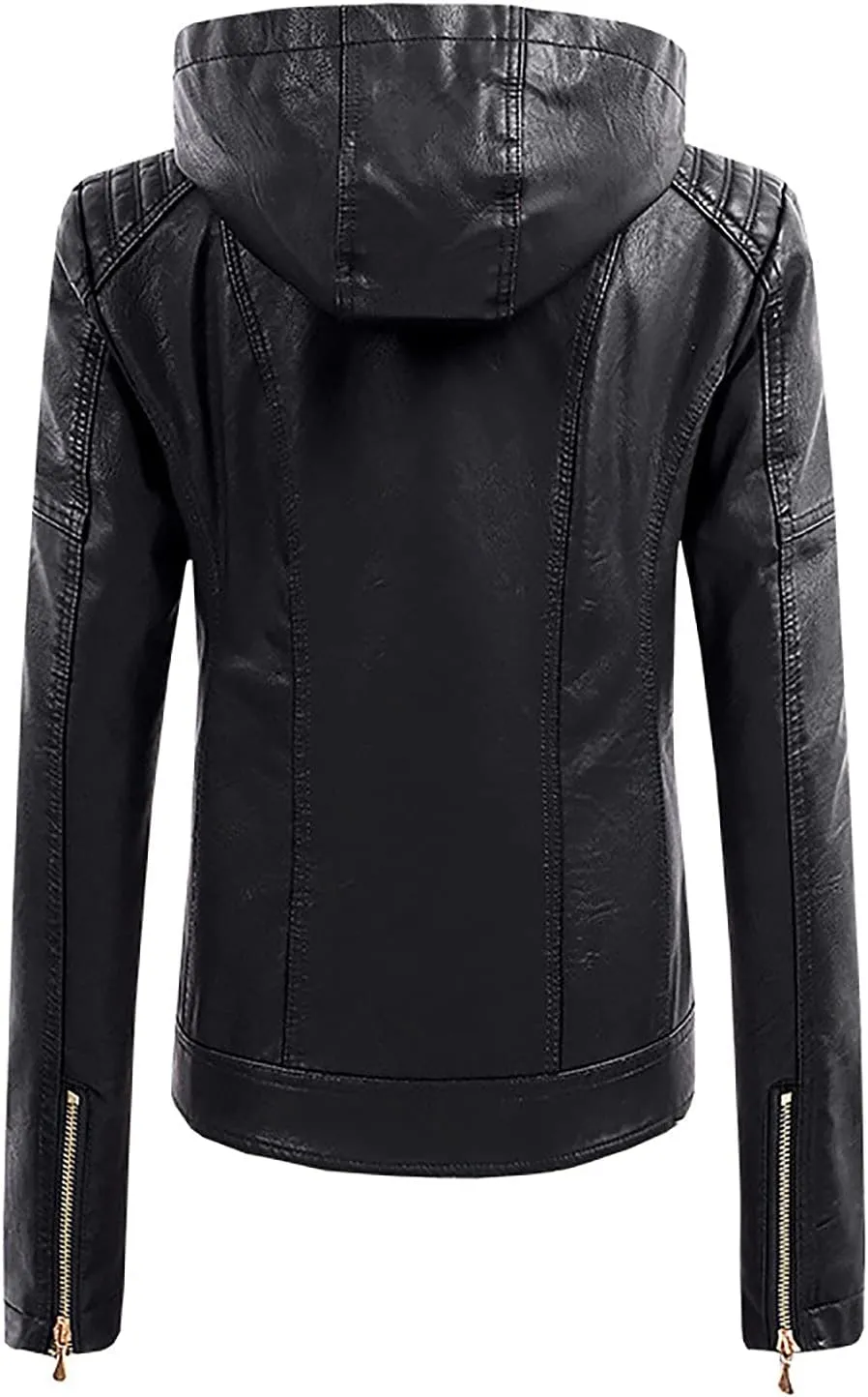 Faux Leather Jacket for Women Hooded Moto Biker Jackets Full Zip Up Pleated Overcoat Long Sleeve Faux-Leather Coat