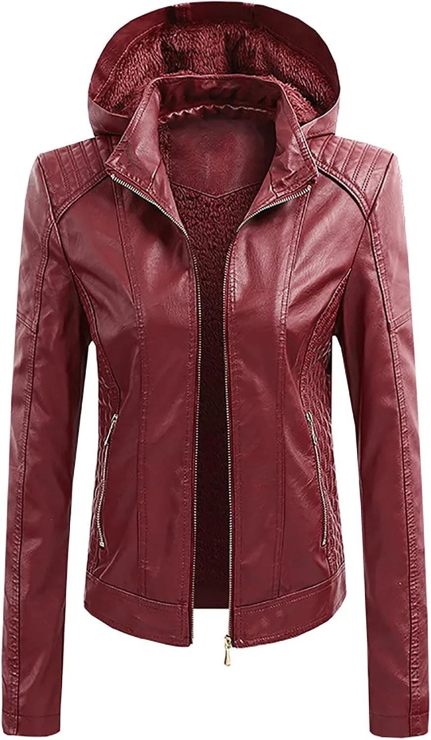 Faux Leather Jacket for Women Hooded Moto Biker Jackets Full Zip Up Pleated Overcoat Long Sleeve Faux-Leather Coat