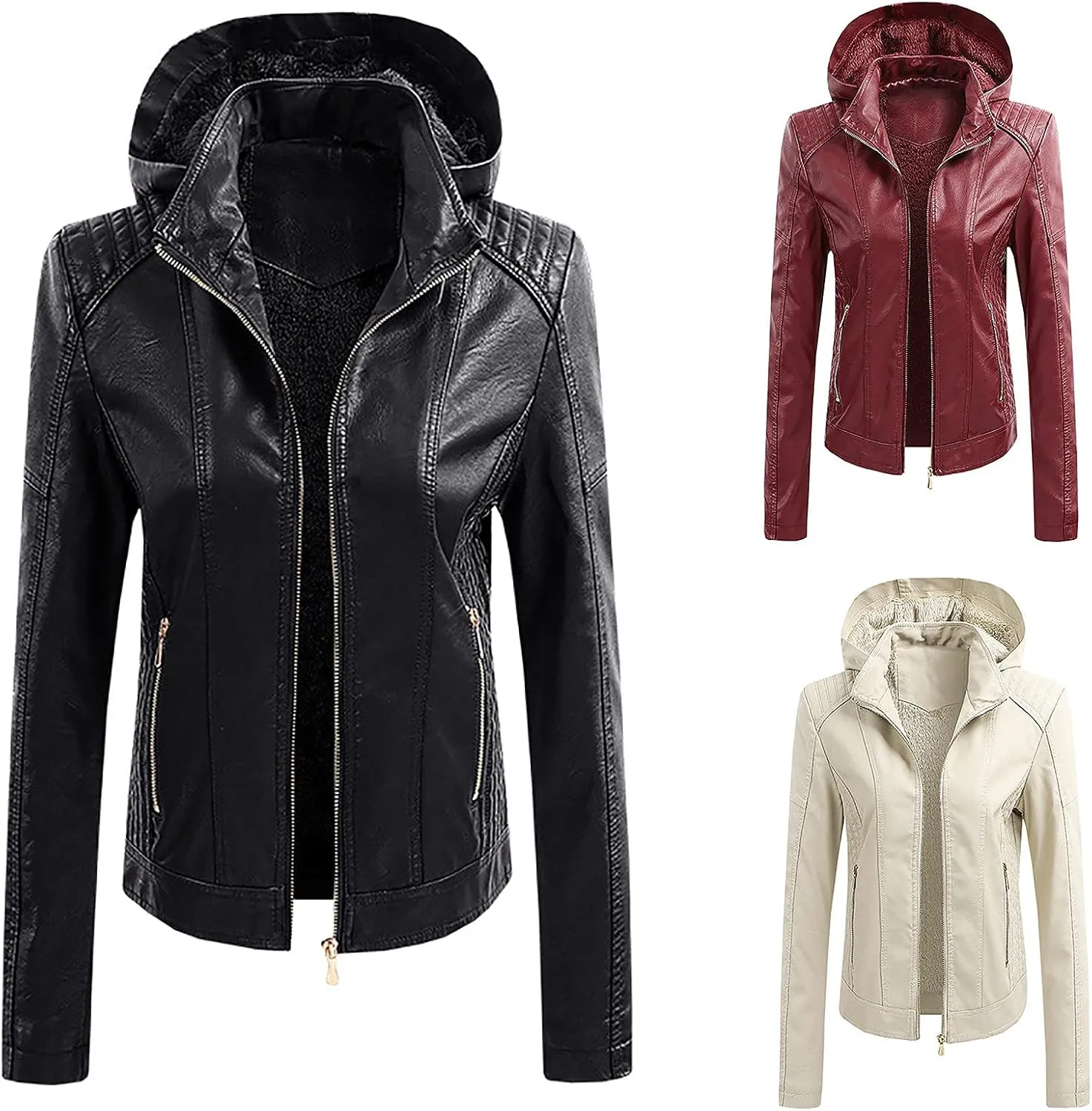 Faux Leather Jacket for Women Hooded Moto Biker Jackets Full Zip Up Pleated Overcoat Long Sleeve Faux-Leather Coat