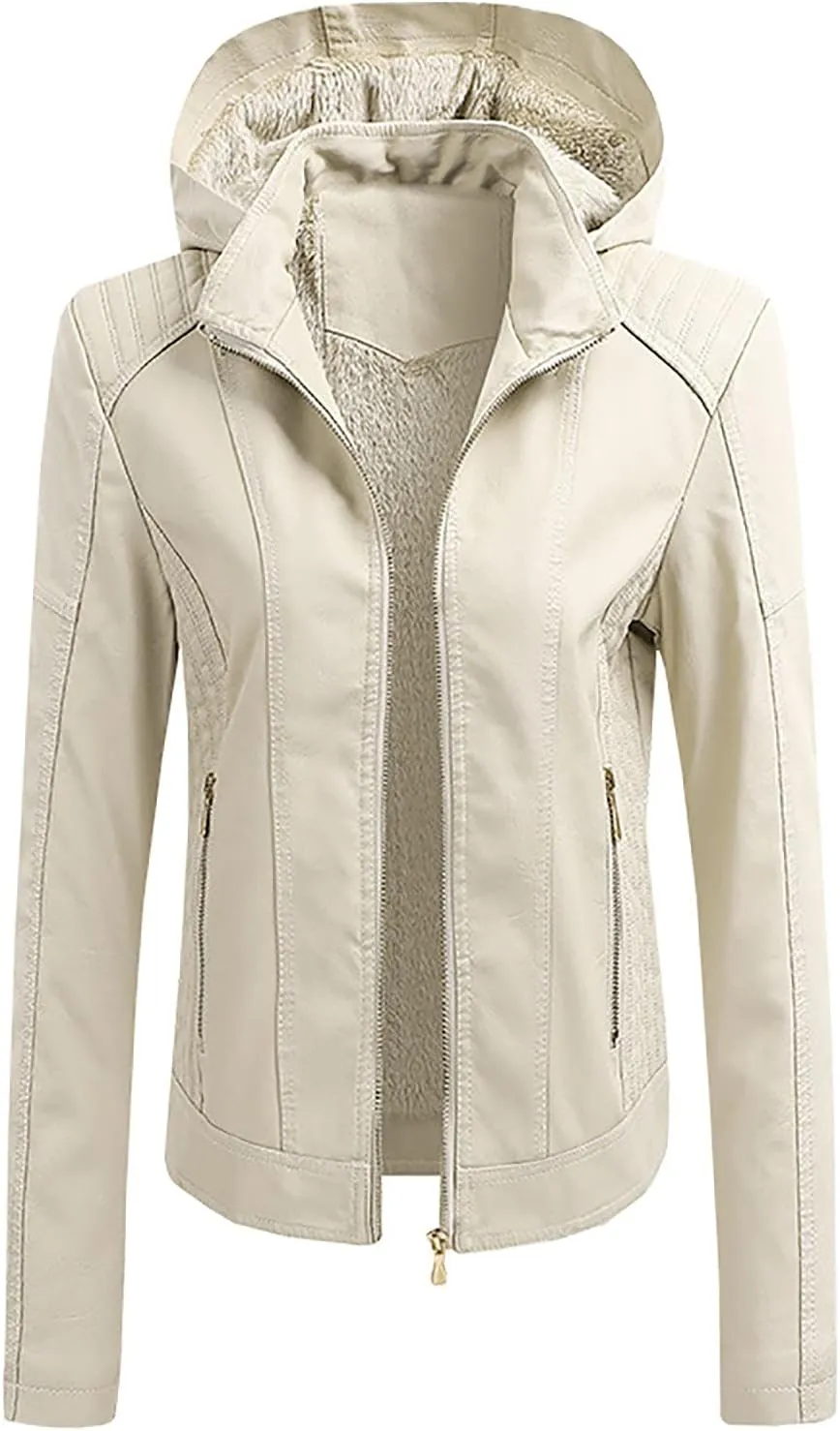 Faux Leather Jacket for Women Hooded Moto Biker Jackets Full Zip Up Pleated Overcoat Long Sleeve Faux-Leather Coat