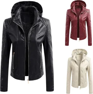 Faux Leather Jacket for Women Hooded Moto Biker Jackets Full Zip Up Pleated Overcoat Long Sleeve Faux-Leather Coat