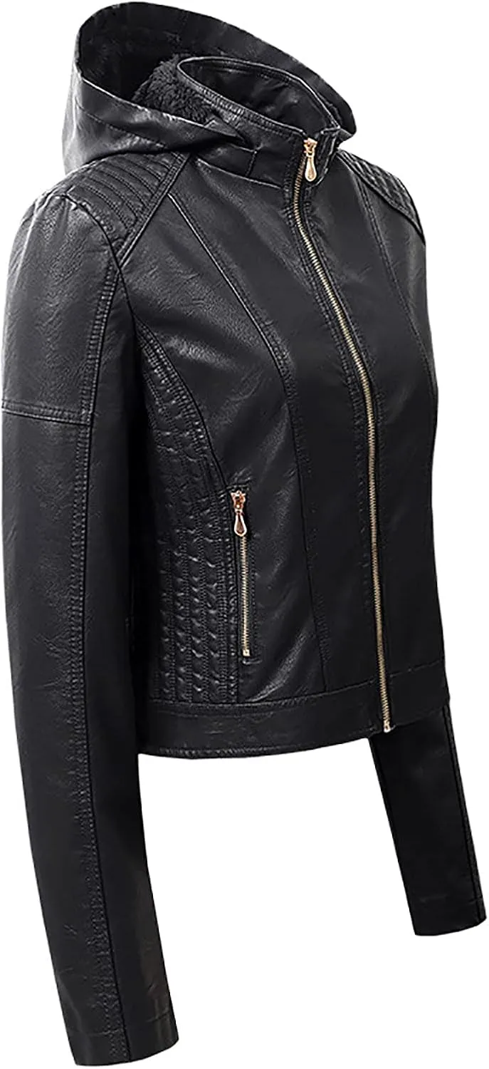 Faux Leather Jacket for Women Hooded Moto Biker Jackets Full Zip Up Pleated Overcoat Long Sleeve Faux-Leather Coat