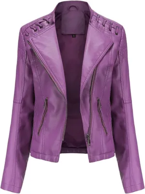 Faux Leather Jacket Plus Size Women Lapel Zip Moto Biker Coats Cropped Open Front Lined Faux Lambskin Pleather Suit
