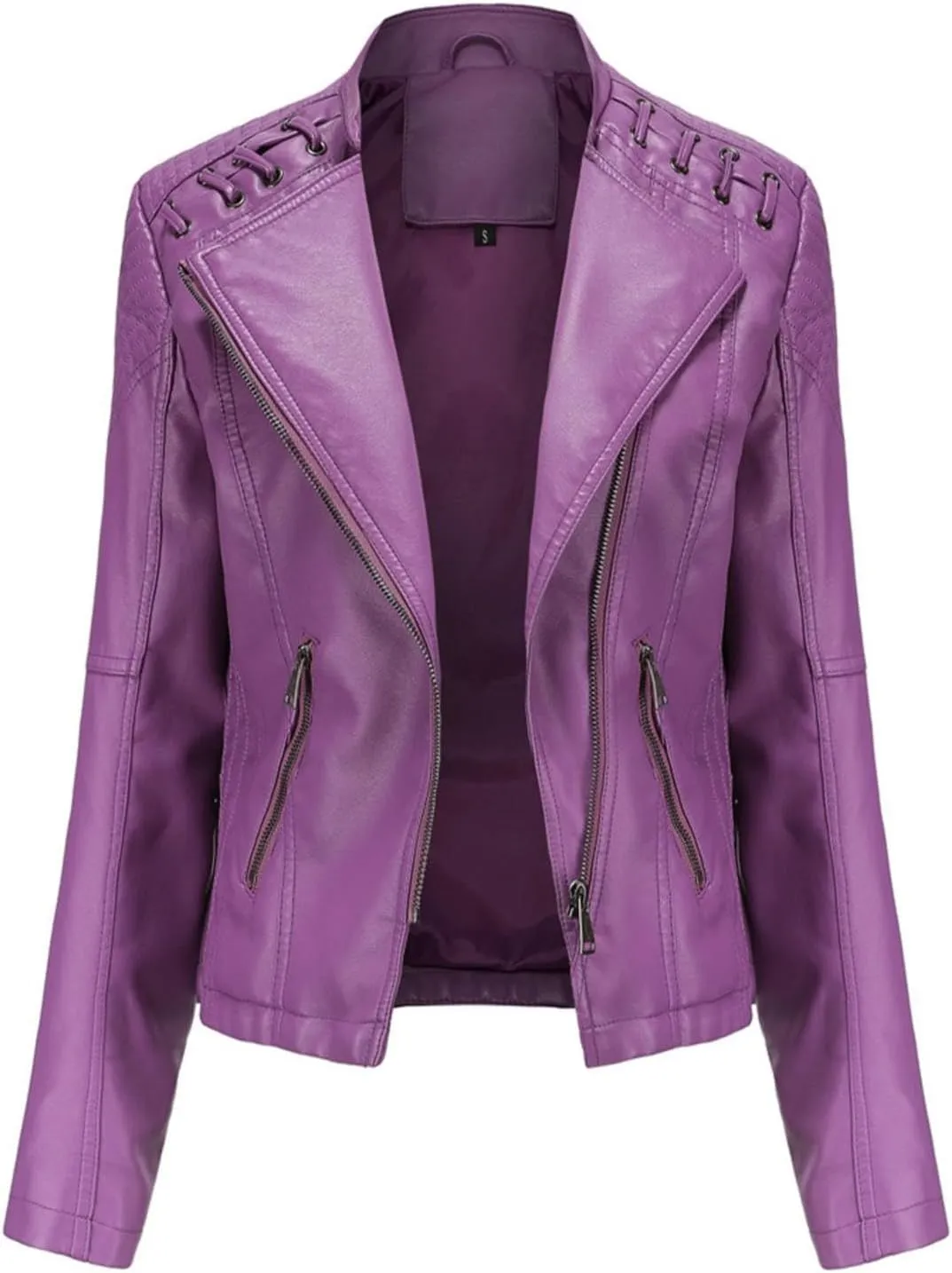 Faux Leather Jacket Plus Size Women Lapel Zip Moto Biker Coats Cropped Open Front Lined Faux Lambskin Pleather Suit