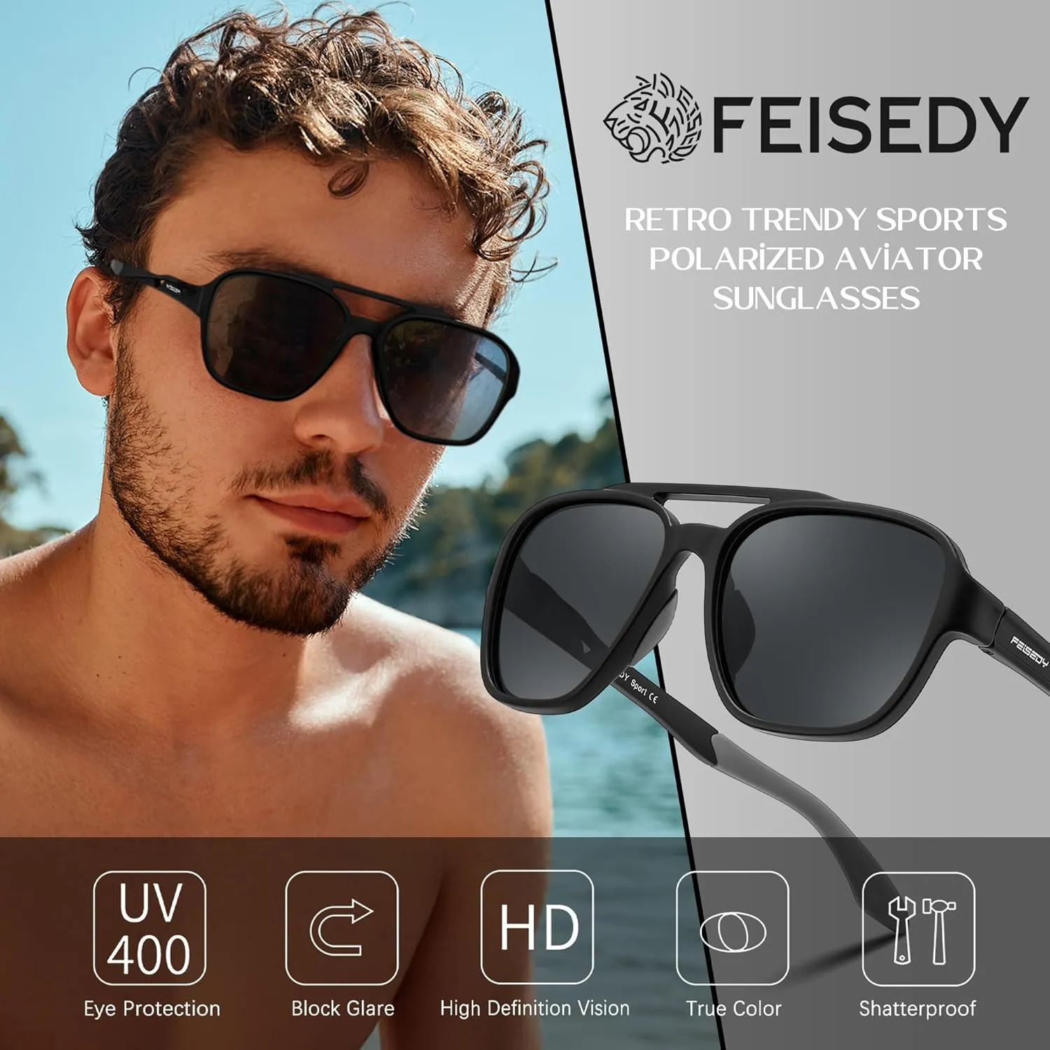 FEISEDY Retro 70s Aviator Sunglasses for Men Women, Polarized Sports Sunglasses UV400 for Driving Outdoor B0260