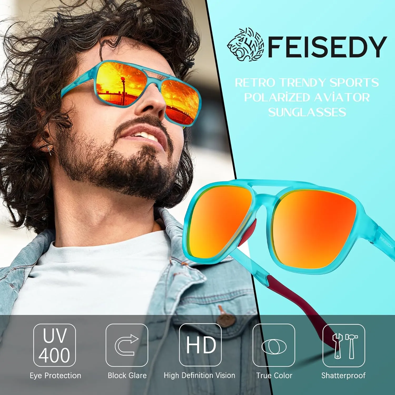 FEISEDY Retro 70s Aviator Sunglasses for Men Women, Polarized Sports Sunglasses UV400 for Driving Outdoor B0260