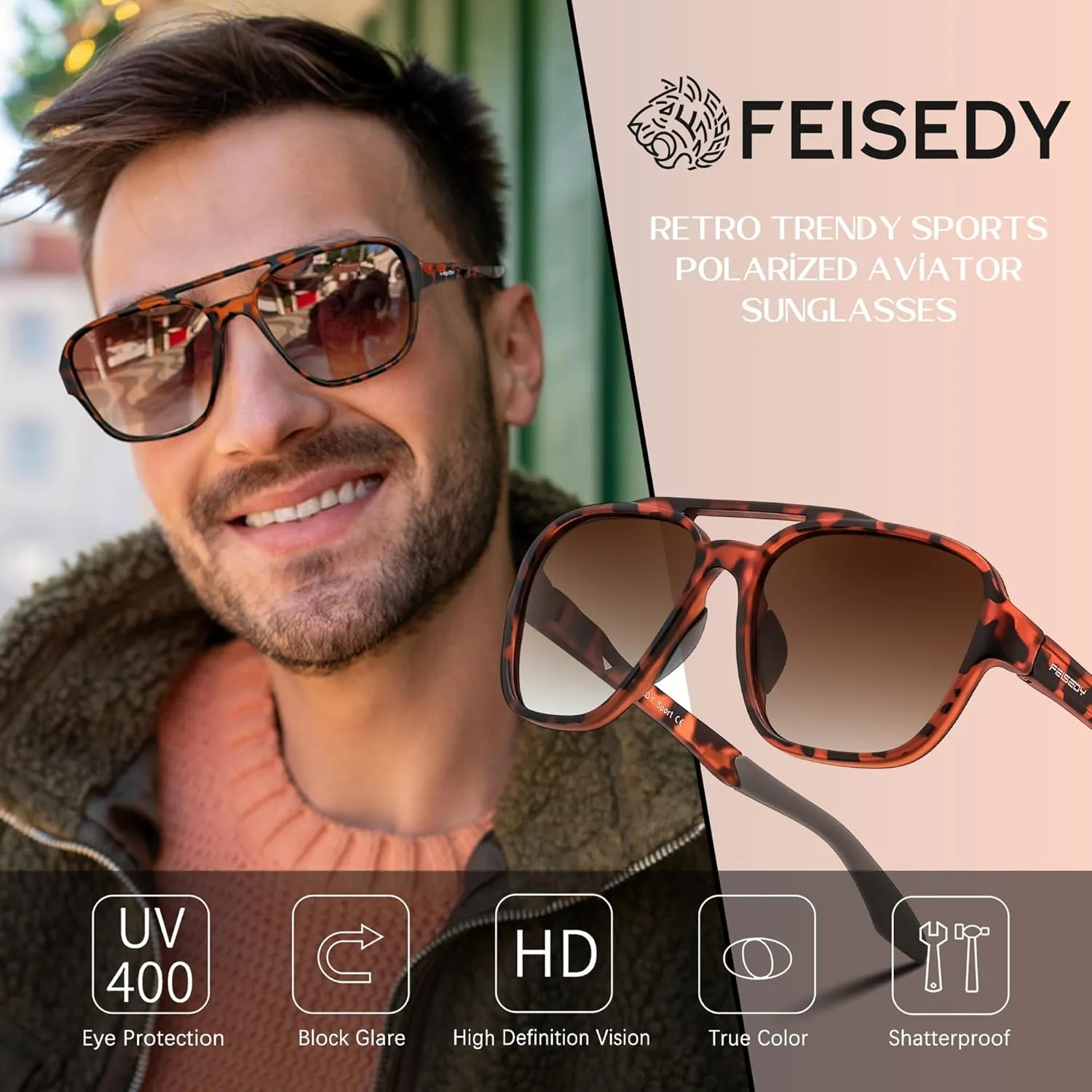 FEISEDY Retro 70s Aviator Sunglasses for Men Women, Polarized Sports Sunglasses UV400 for Driving Outdoor B0260