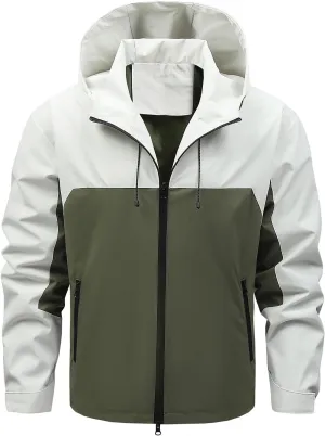 Finelylove Mens Lightweight Rain Jacket Waterproof Outdoor Hooded Raincoat Patchwork Hiking Travel Softshell Windbreaker