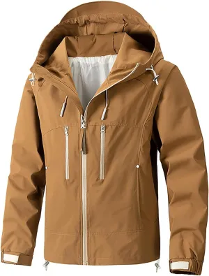 Finelylove Mens Rain Jacket Waterproof Drawstring Hooded Windbreaker Softshell Hiking Travel Jacket Fall Winter Coat