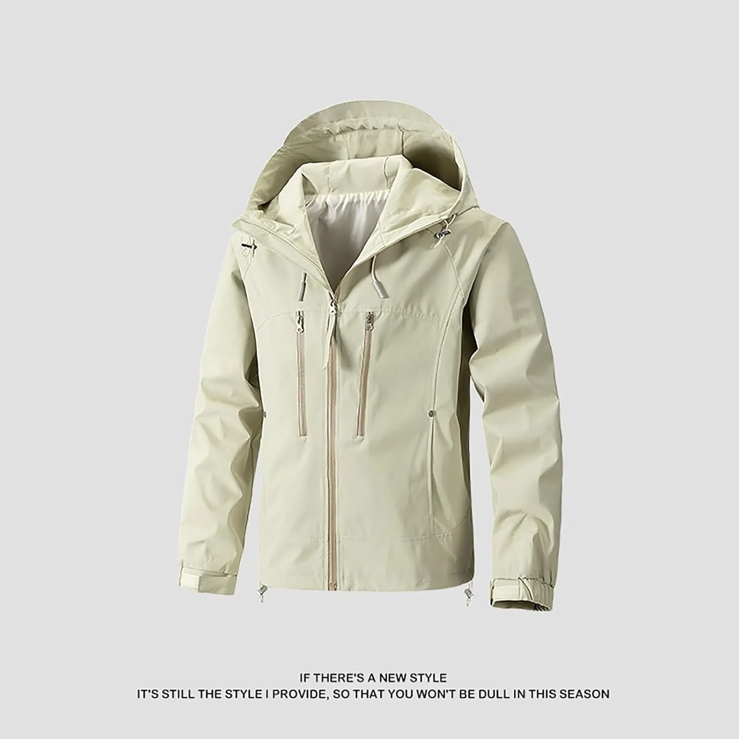 Finelylove Mens Rain Jacket Waterproof Drawstring Hooded Windbreaker Softshell Hiking Travel Jacket Fall Winter Coat