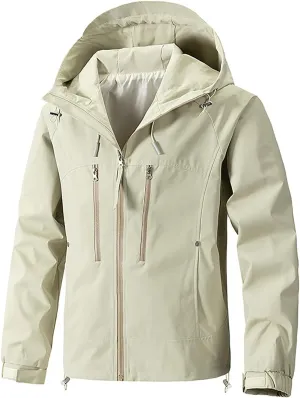 Finelylove Mens Rain Jacket Waterproof Drawstring Hooded Windbreaker Softshell Hiking Travel Jacket Fall Winter Coat