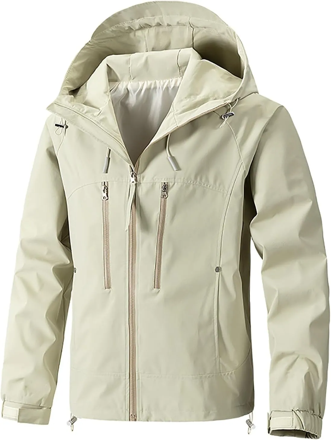 Finelylove Mens Rain Jacket Waterproof Drawstring Hooded Windbreaker Softshell Hiking Travel Jacket Fall Winter Coat