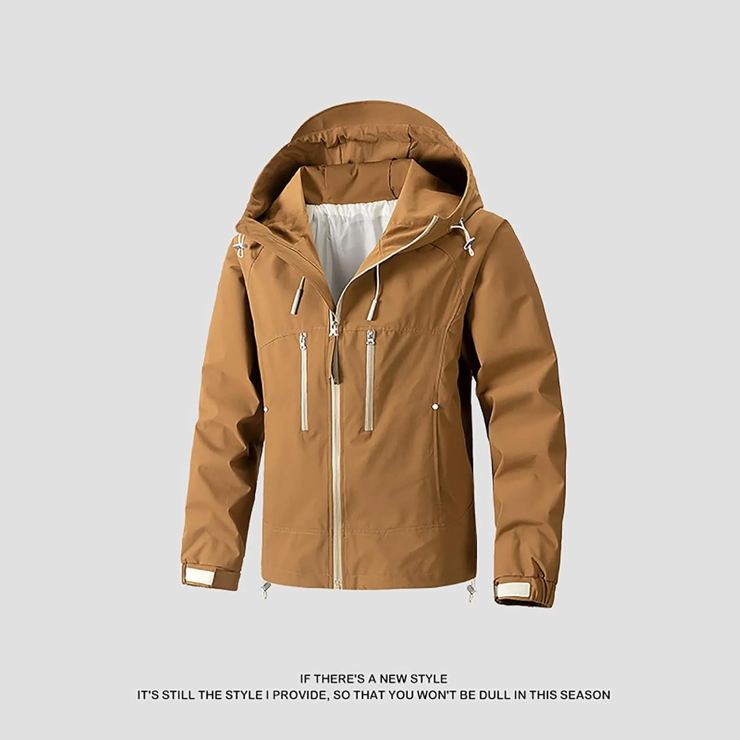 Finelylove Mens Rain Jacket Waterproof Drawstring Hooded Windbreaker Softshell Hiking Travel Jacket Fall Winter Coat