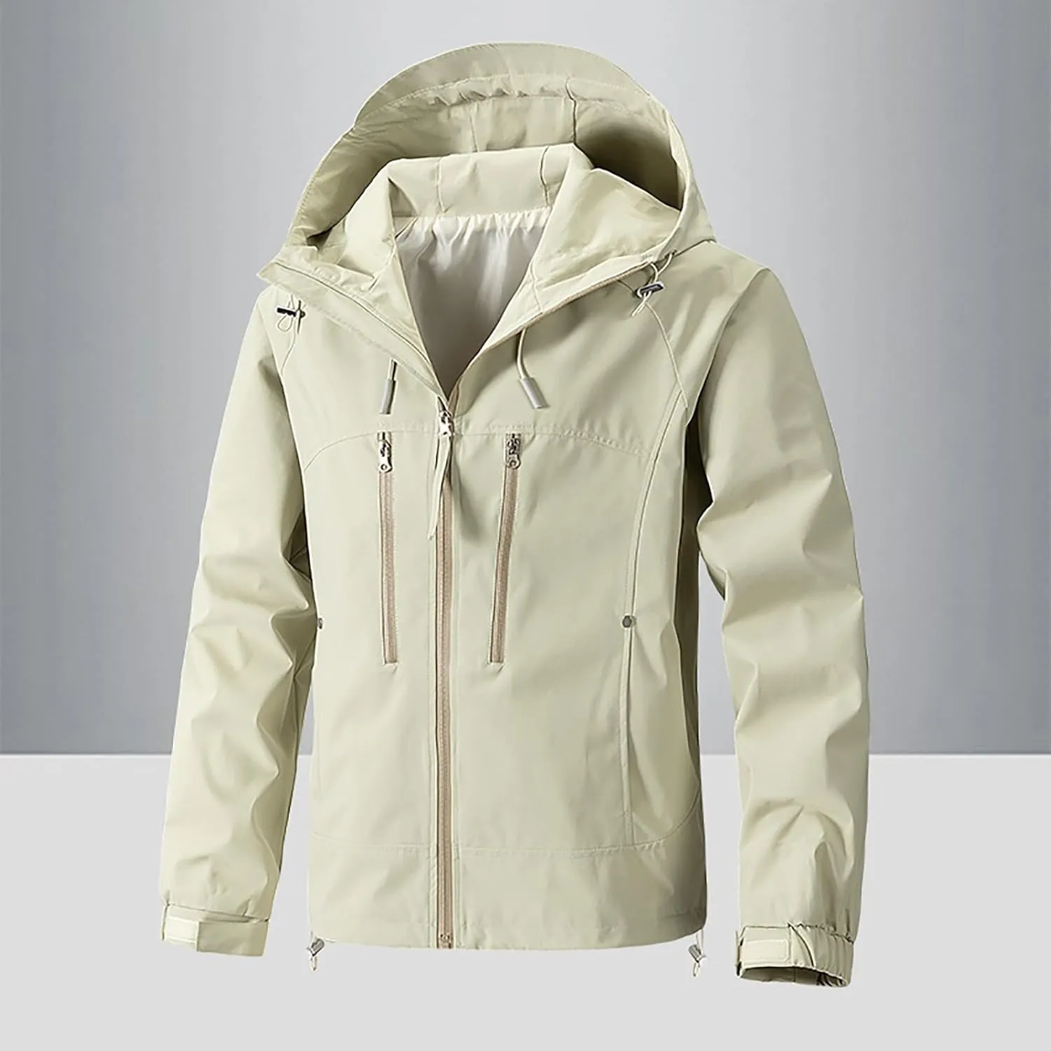 Finelylove Mens Rain Jacket Waterproof Drawstring Hooded Windbreaker Softshell Hiking Travel Jacket Fall Winter Coat